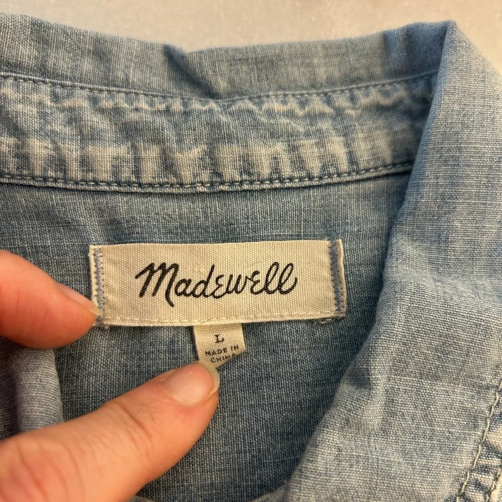 Madewell Rip & Repair Distressed Chambray Denim Button-Up Shirt - Picture 12 of 13